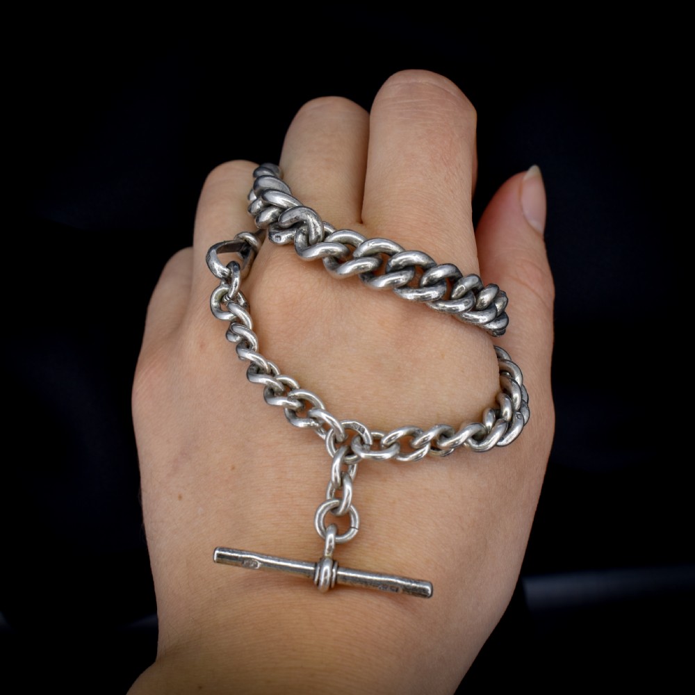 Antique Sterling Silver Heavy Chunky Curb Link Albert Watch Chain Necklace with T-Bar and Dog Clip | Dated 1906 View VII