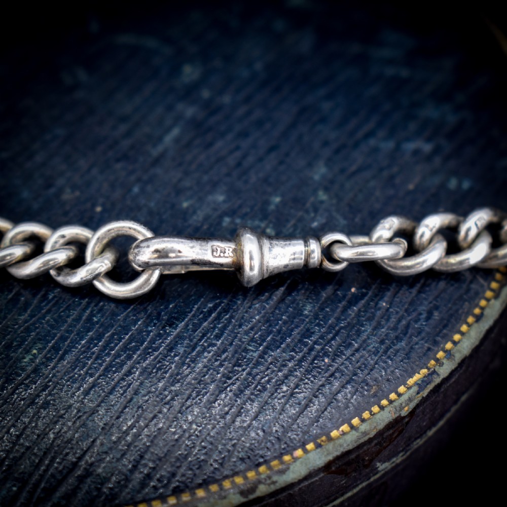 Antique Sterling Silver Heavy Chunky Curb Link Albert Watch Chain Necklace with T-Bar and Dog Clip | Dated 1906 View VIII