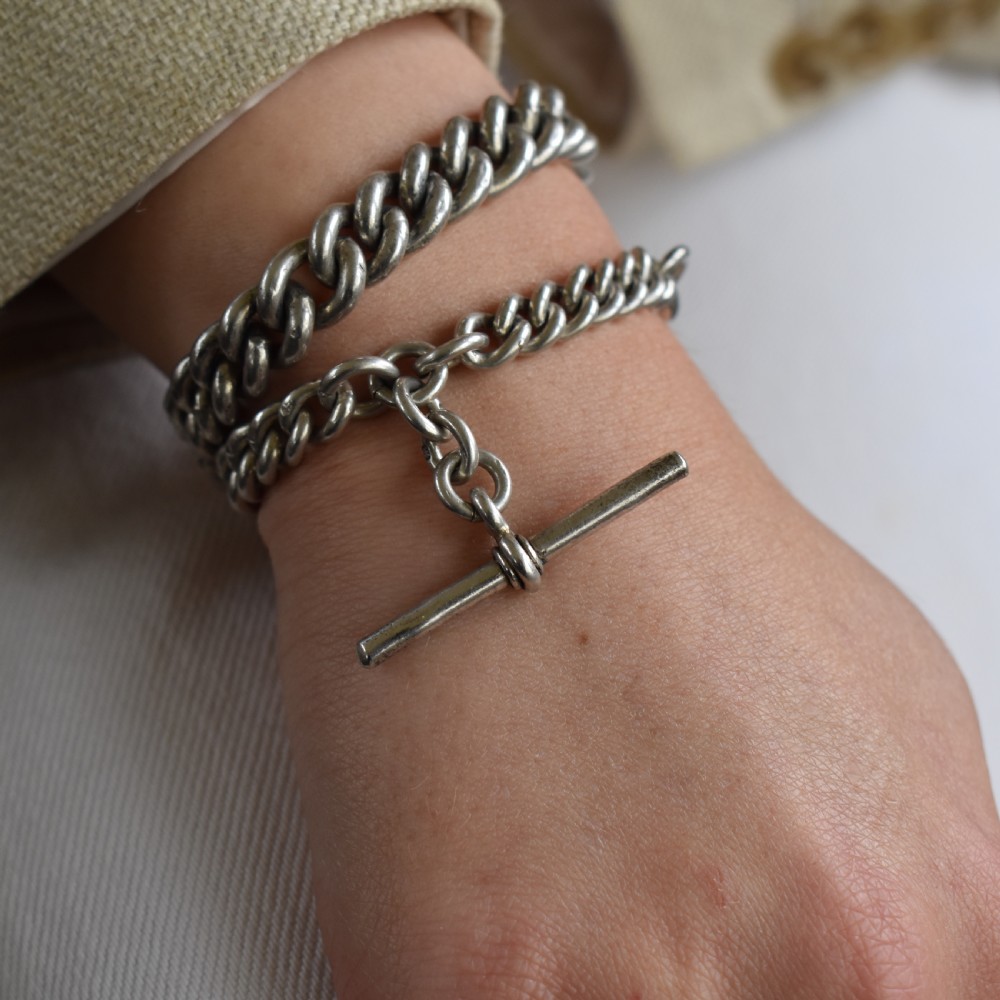 Antique Sterling Silver Heavy Chunky Curb Link Albert Watch Chain Necklace with T-Bar and Dog Clip | Dated 1906 View X