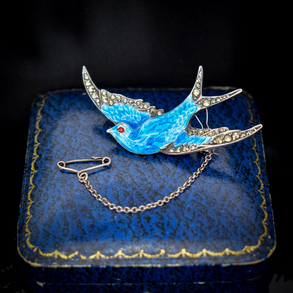 Vintage Blue Enamel and Marcasite Sterling Silver Swallow Bird Brooch Pin