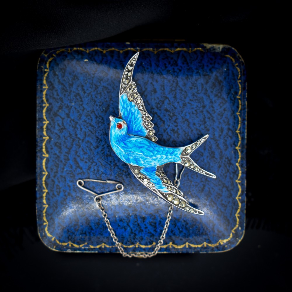 Vintage Blue Enamel and Marcasite Sterling Silver Swallow Bird Brooch Pin View IV