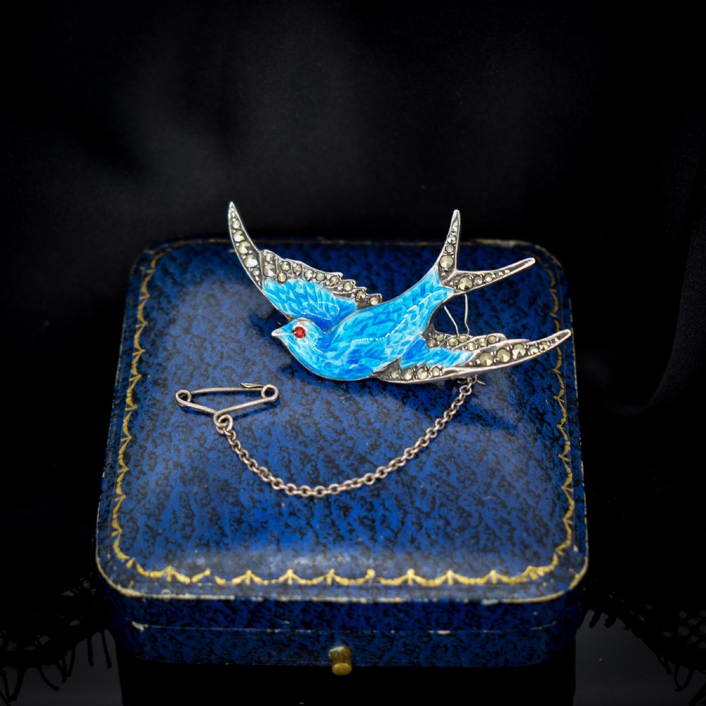 Vintage Blue Enamel and Marcasite Sterling Silver Swallow Bird Brooch Pin View V