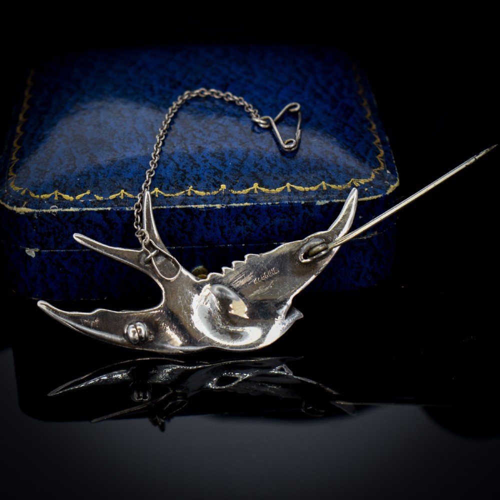 Vintage Blue Enamel and Marcasite Sterling Silver Swallow Bird Brooch Pin View VII