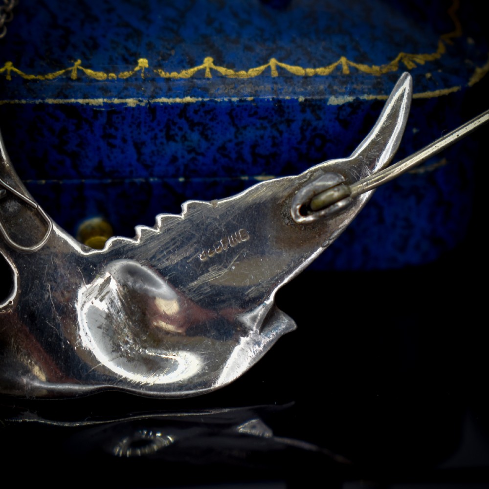 Vintage Blue Enamel and Marcasite Sterling Silver Swallow Bird Brooch Pin View VIII