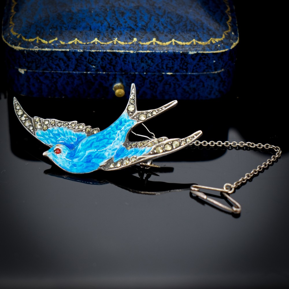 Vintage Blue Enamel and Marcasite Sterling Silver Swallow Bird Brooch Pin View IX