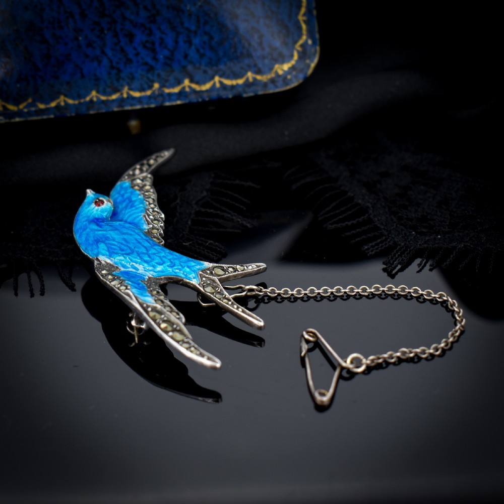 Vintage Blue Enamel and Marcasite Sterling Silver Swallow Bird Brooch Pin View X
