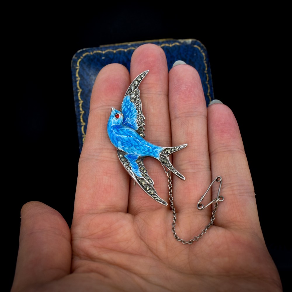 Vintage Blue Enamel and Marcasite Sterling Silver Swallow Bird Brooch Pin View XI