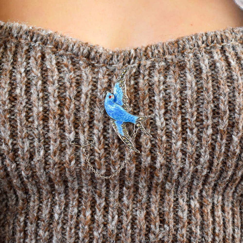 Vintage Blue Enamel and Marcasite Sterling Silver Swallow Bird Brooch Pin View XII