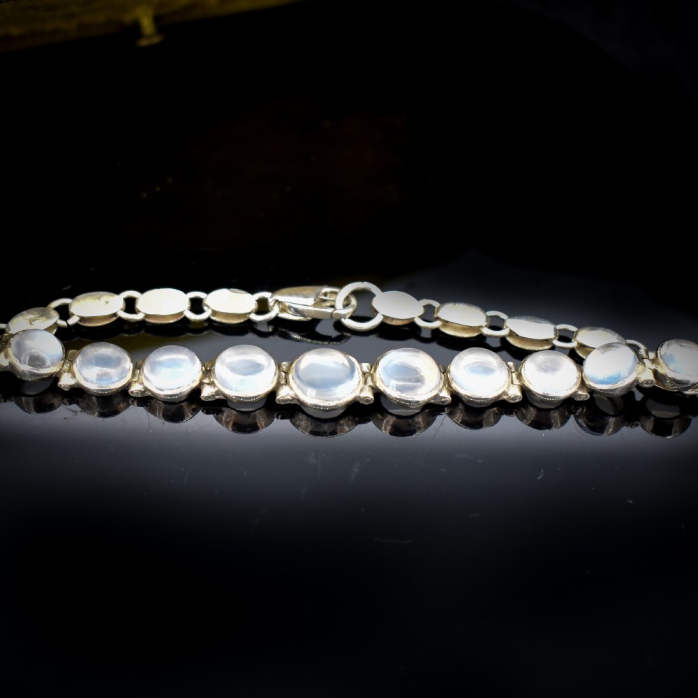 Antique Cabochon Moonstone Hinged Sterling Silver Bracelet | Circa. 1900 | 7
