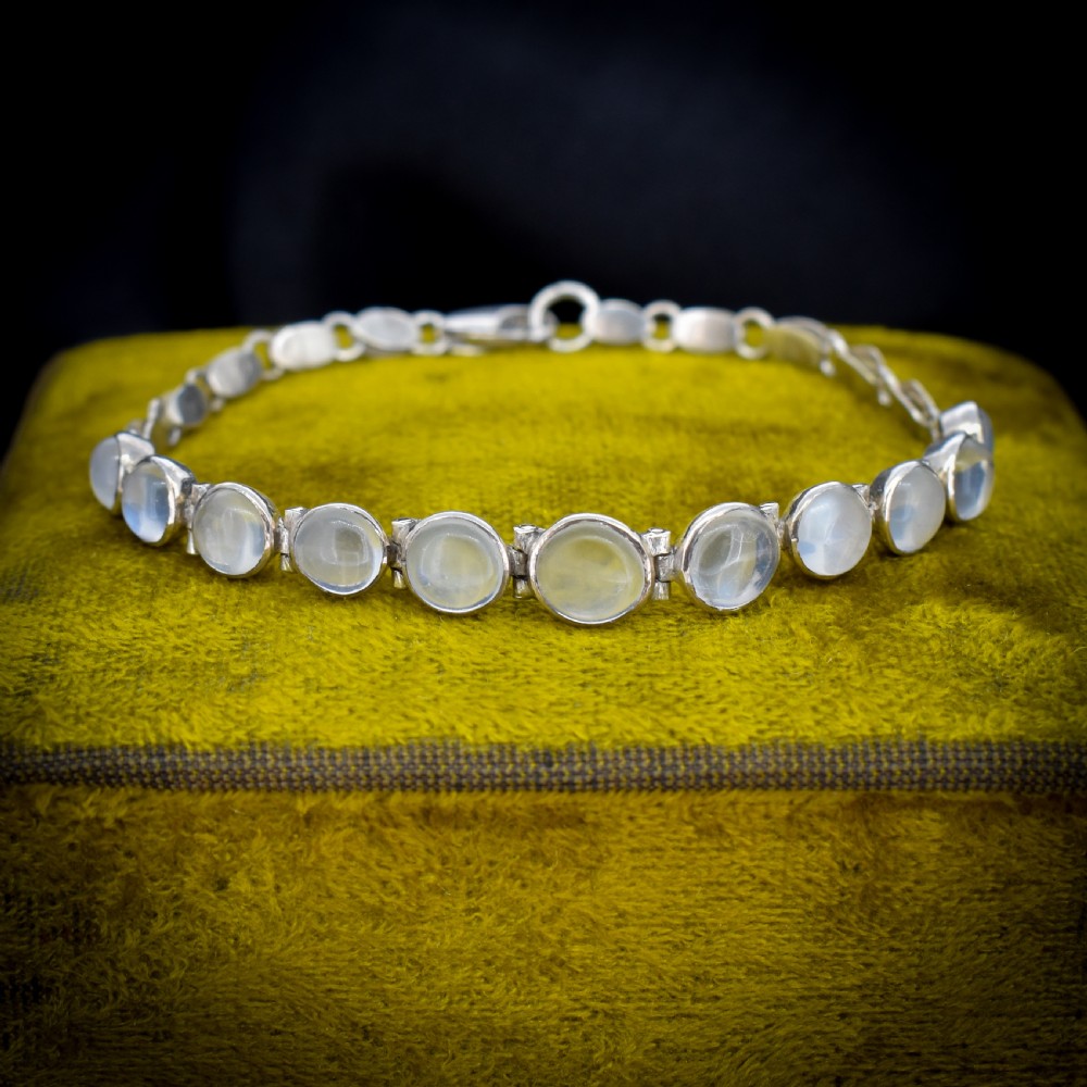 Antique Cabochon Moonstone Hinged Sterling Silver Bracelet | Circa. 1900 | 7