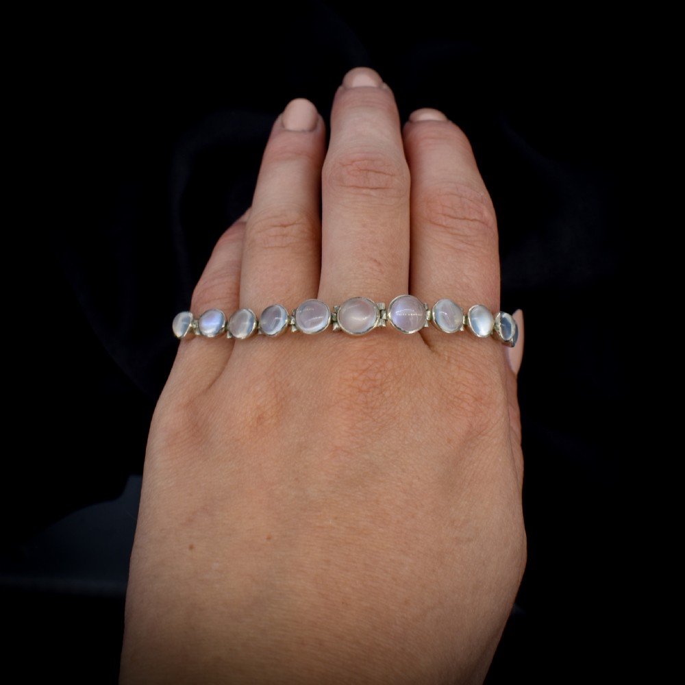 Antique Cabochon Moonstone Hinged Sterling Silver Bracelet | Circa. 1900 | 7