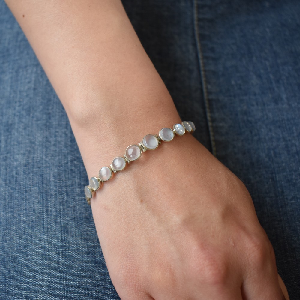 Antique Cabochon Moonstone Hinged Sterling Silver Bracelet | Circa. 1900 | 7