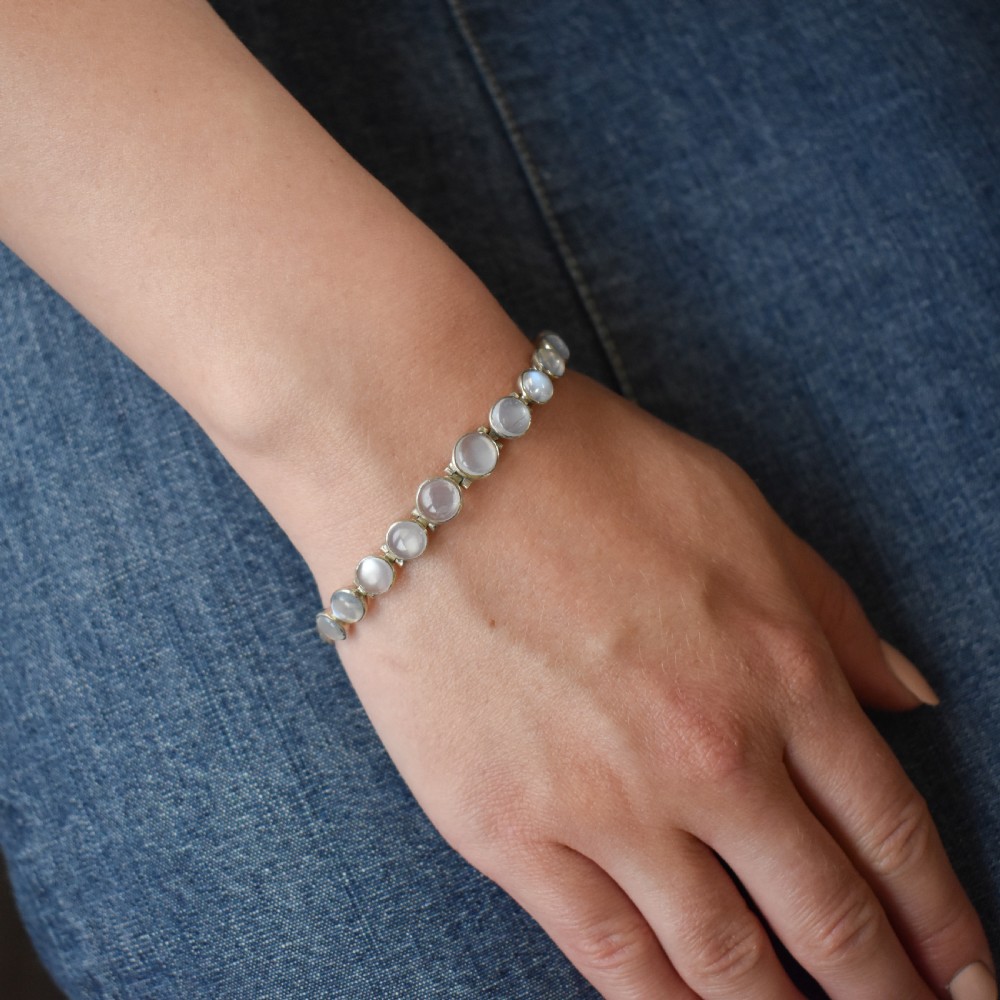 Antique Cabochon Moonstone Hinged Sterling Silver Bracelet | Circa. 1900 | 7