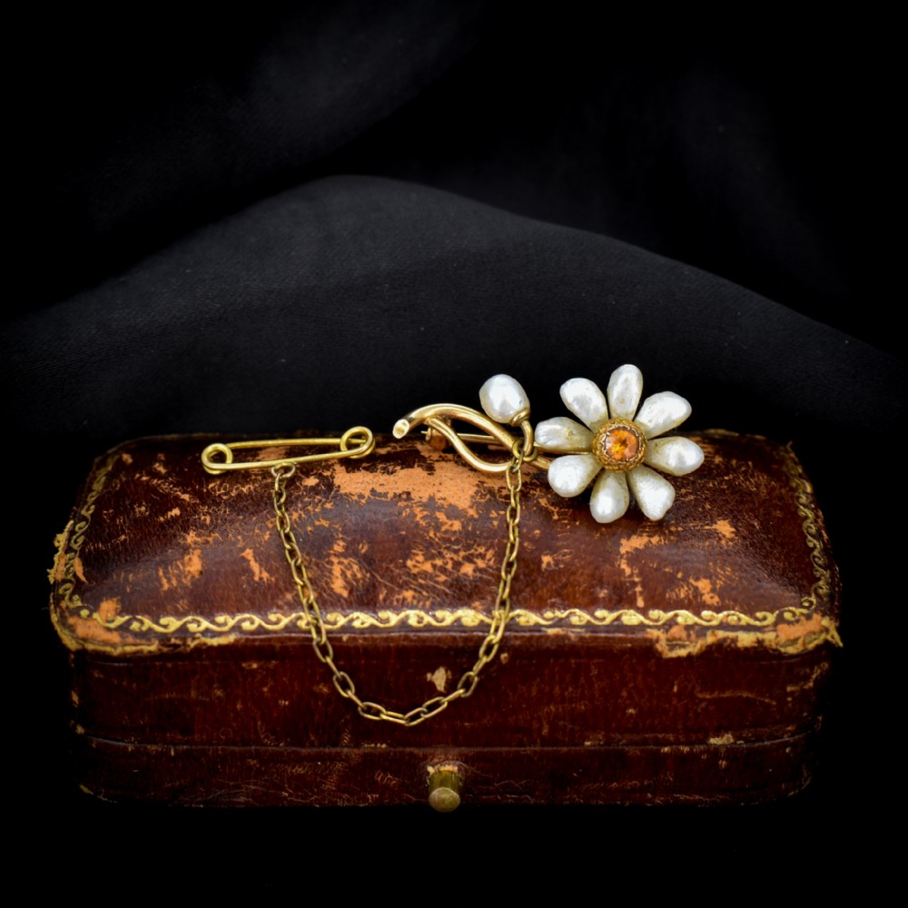 Antique Citrine and Pearl 14ct 14K Gold Flower Brooch Pin