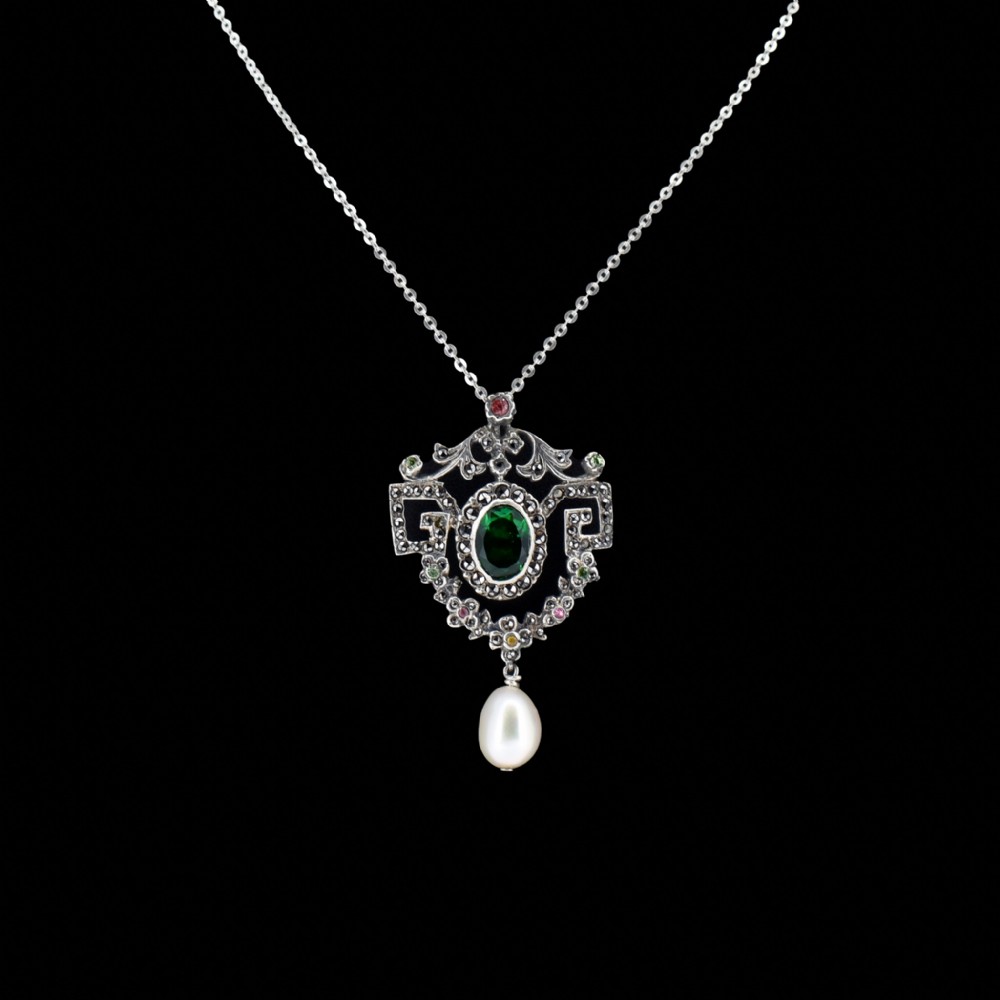 Antique Paste and Marcasite Silver Drop Lavalier Pendant and Chain Necklace | Edwardian