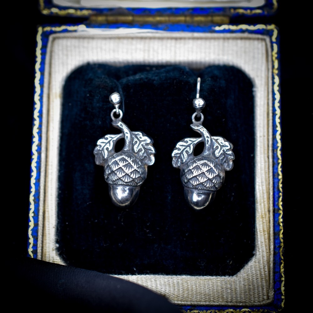 Antique Victorian Sterling Silver Acorn Drop Dangle Earrings | Circa.1880