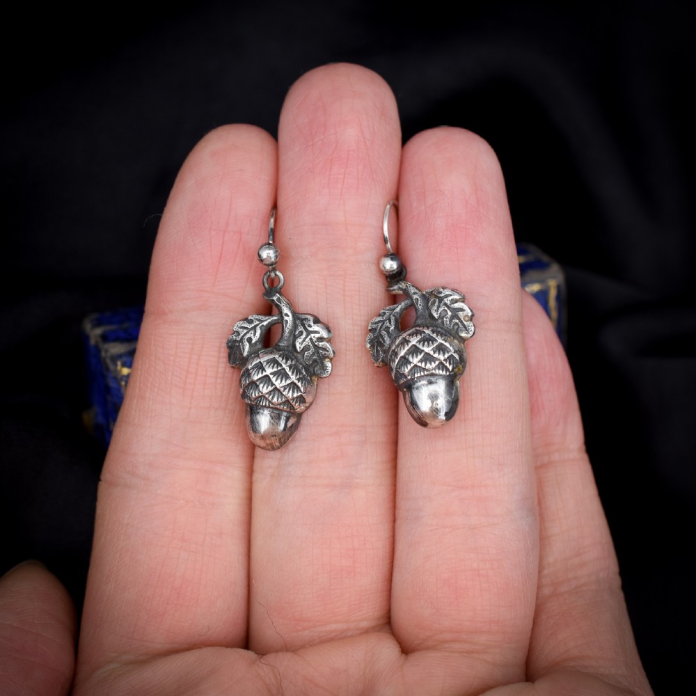 Antique Victorian Sterling Silver Acorn Drop Dangle Earrings | Circa.1880 View III