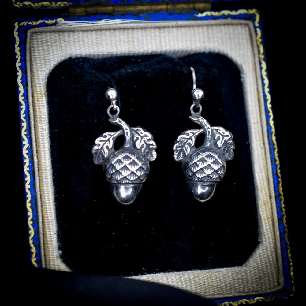 Antique Victorian Sterling Silver Acorn Drop Dangle Earrings | Circa.1880 View V