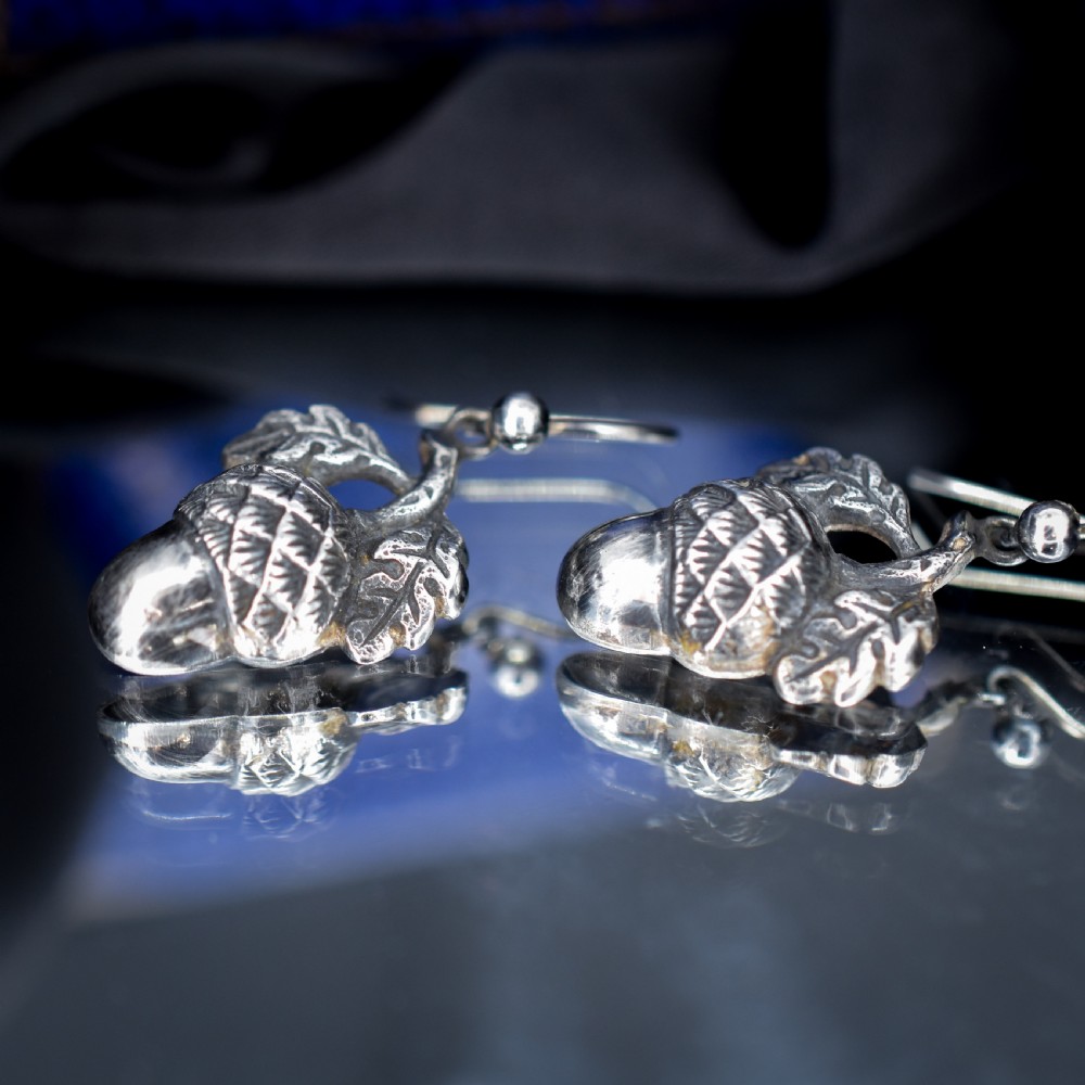 Antique Victorian Sterling Silver Acorn Drop Dangle Earrings | Circa.1880 View VIII