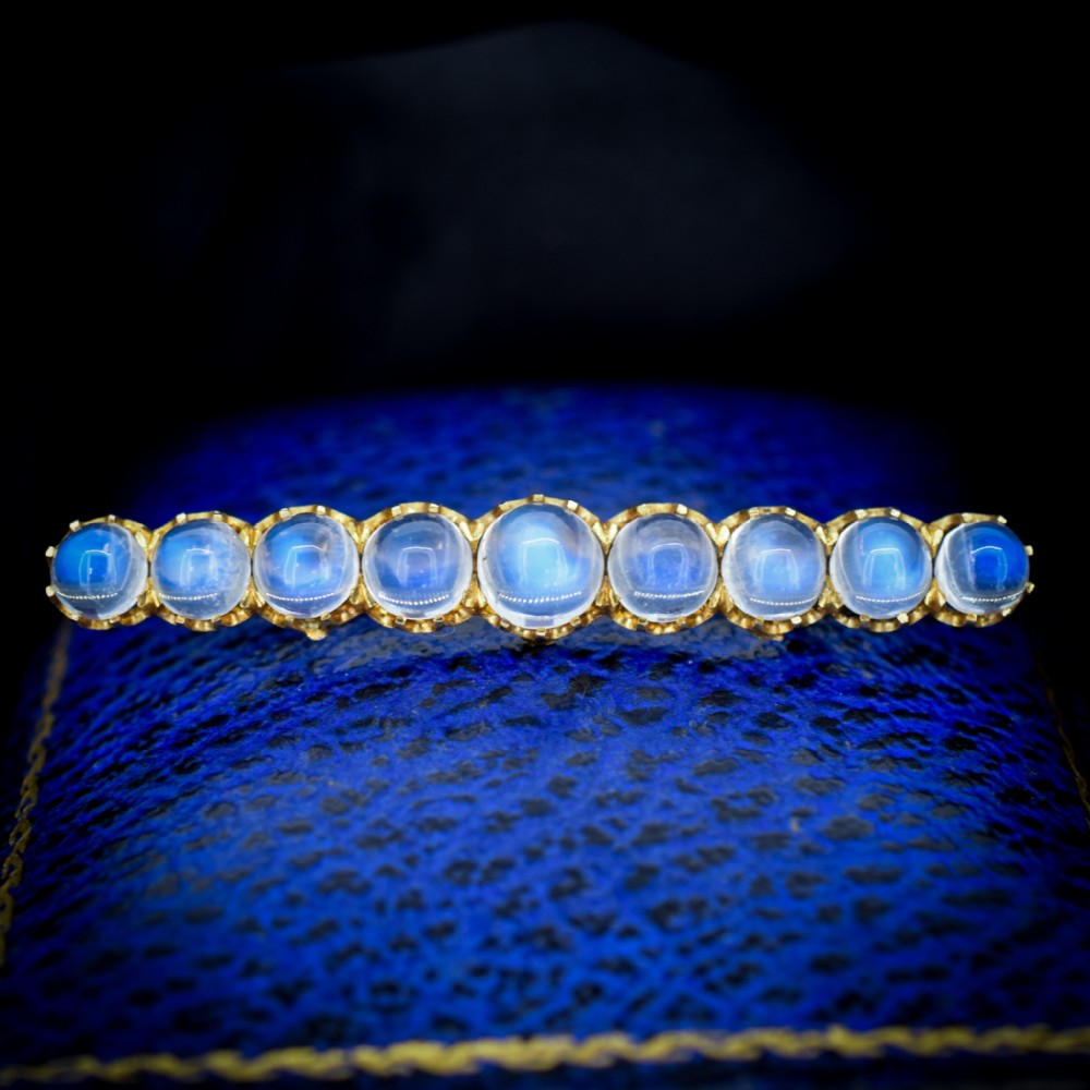 Antique Victorian Moonstone 9K 9ct Yellow Gold Bar Line Brooch Pin