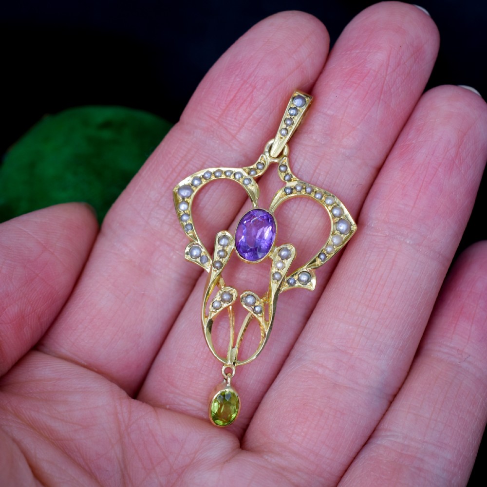 Antique Edwardian Amethyst Peridot and Pearl Lavalier 9ct 9K Yellow Gold Pendant | Suffragette View IV