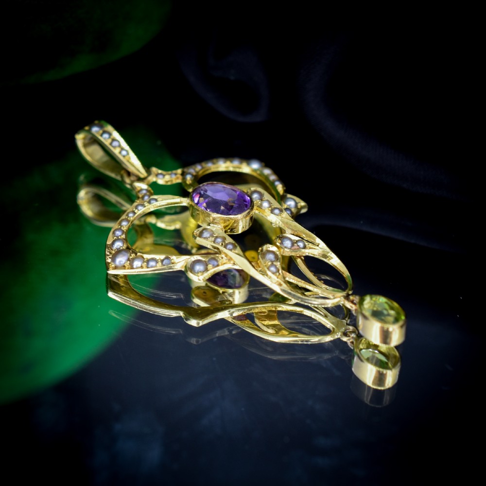 Antique Edwardian Amethyst Peridot and Pearl Lavalier 9ct 9K Yellow Gold Pendant | Suffragette View VI