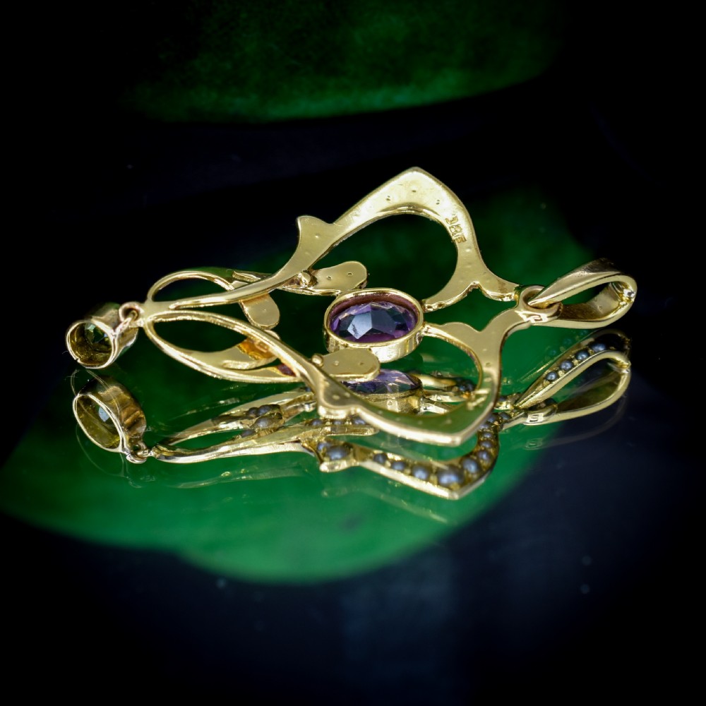 Antique Edwardian Amethyst Peridot and Pearl Lavalier 9ct 9K Yellow Gold Pendant | Suffragette View VIII