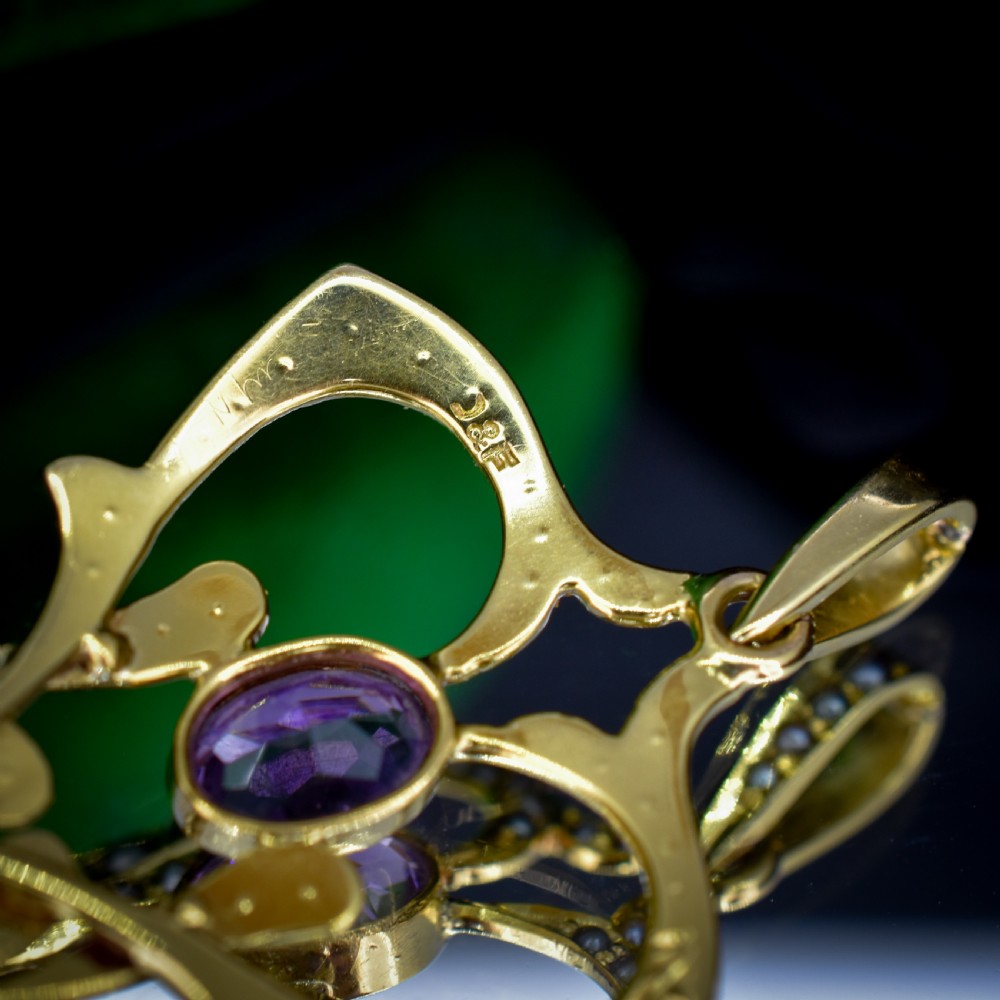 Antique Edwardian Amethyst Peridot and Pearl Lavalier 9ct 9K Yellow Gold Pendant | Suffragette View IX