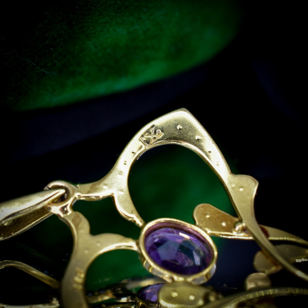 Antique Edwardian Amethyst Peridot and Pearl Lavalier 9ct 9K Yellow Gold Pendant | Suffragette View X