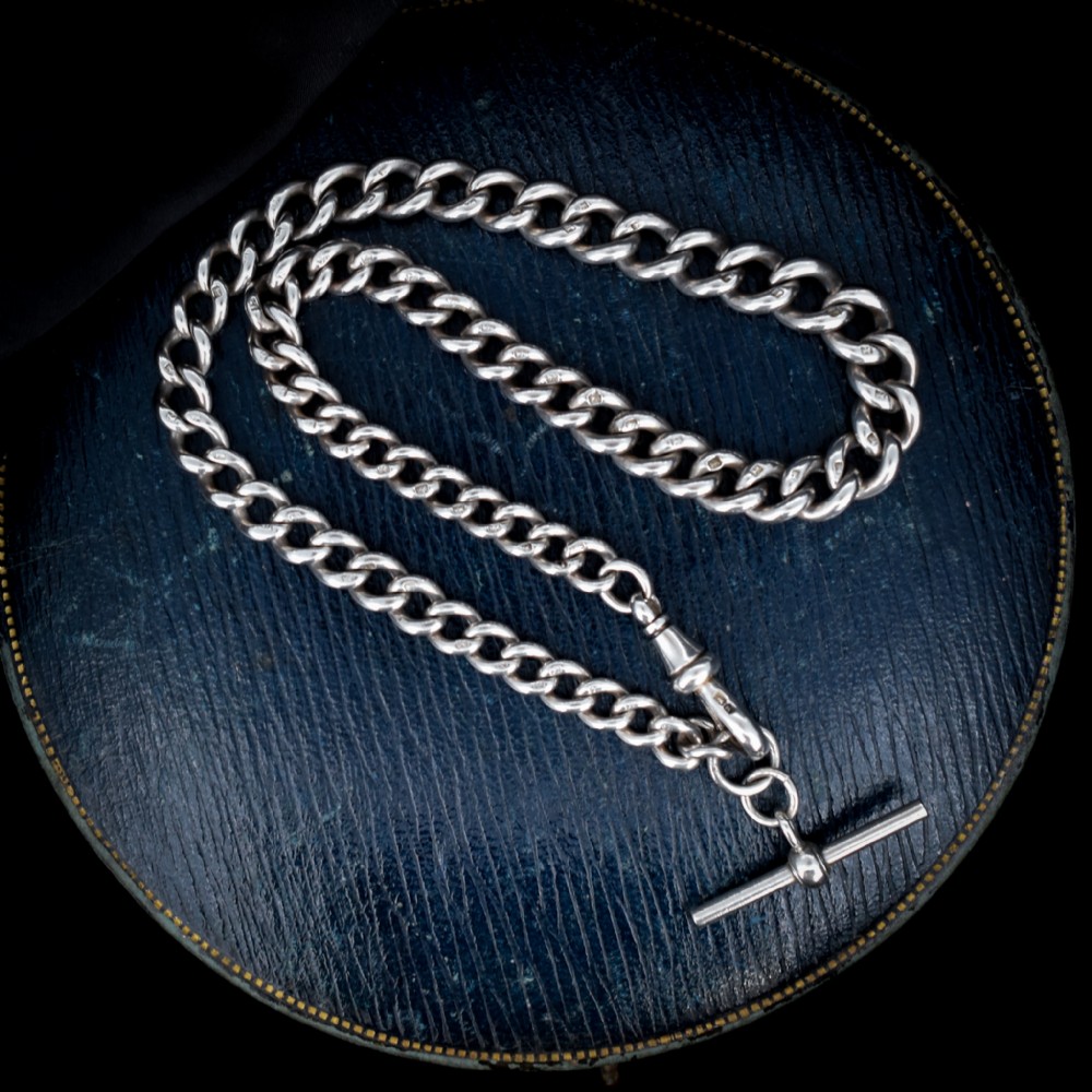 Antique Victorian Sterling Silver Curb Link Albert Watch Chain Necklace with T-Bar and Dog Clip | Dated 1887