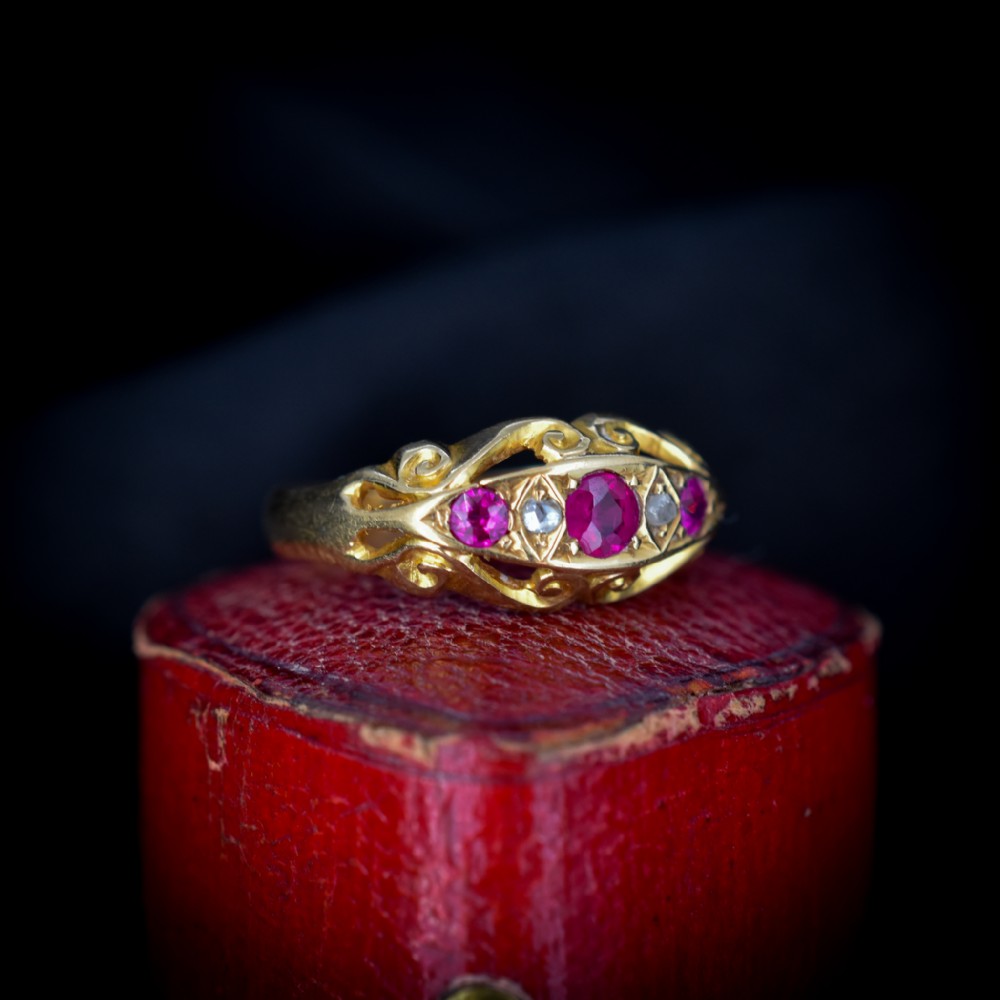Antique Ruby and Diamond 18ct 18K Yellow Gold Scroll Boat Ring | Edwardian