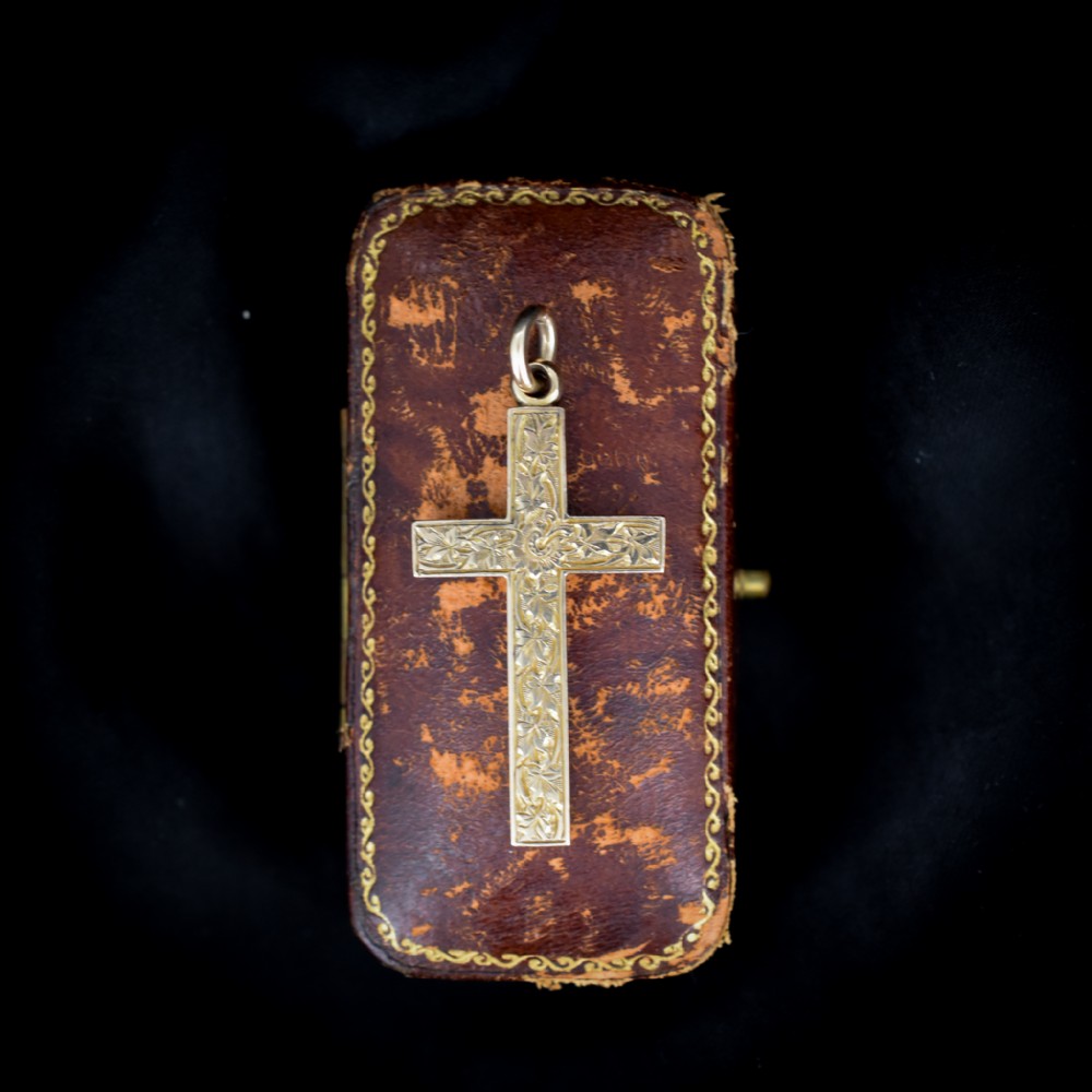 Antique 9ct 9K Yellow Gold Solid Engraved Cross Drop Pendant Charm | Victorian (7.1g)