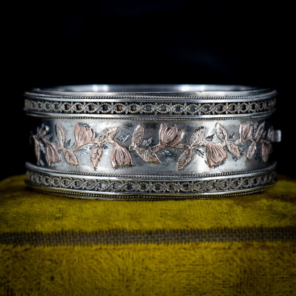 Antique Victorian Silver and Gold Aesthetic Floral Wide Cuff Bangle Bracelet