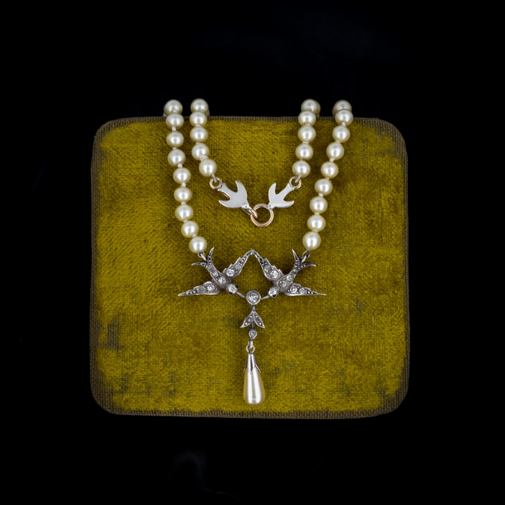 Vintage Paste Swallow Bird Pearl Silver Beaded Necklace - Art Deco