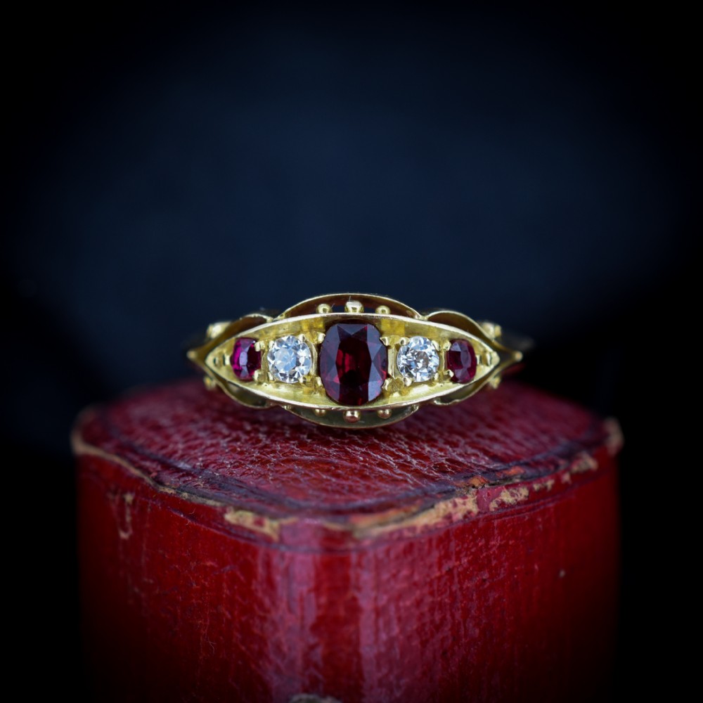 Antique Ruby and Diamond 18ct 18K Yellow Gold Scroll Boat Ring | Chester 1907