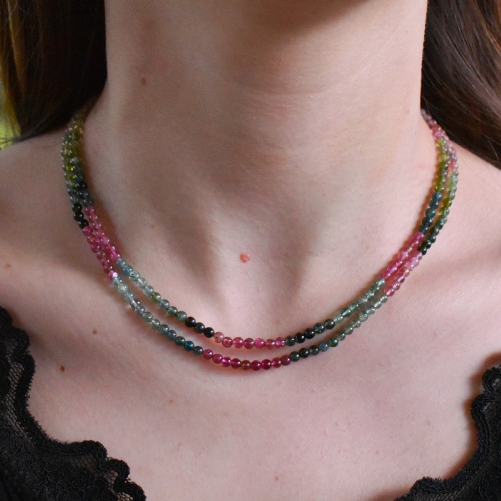 Vintage Tourmaline Gemstone Beaded Necklace with Silver Clasp | Art Deco View III