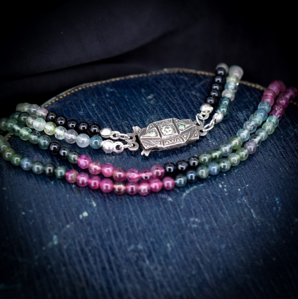 Vintage Tourmaline Gemstone Beaded Necklace with Silver Clasp | Art Deco View IV