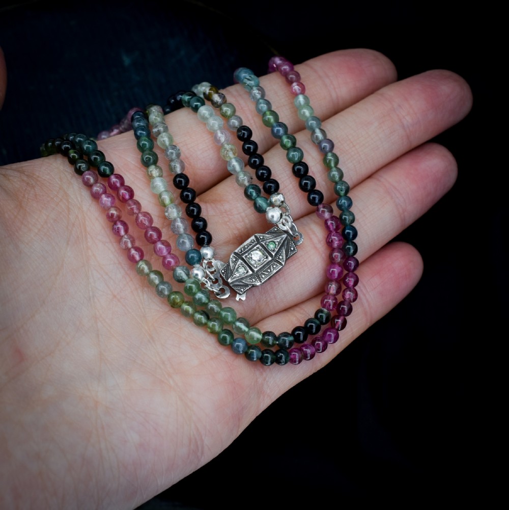Vintage Tourmaline Gemstone Beaded Necklace with Silver Clasp | Art Deco View VI