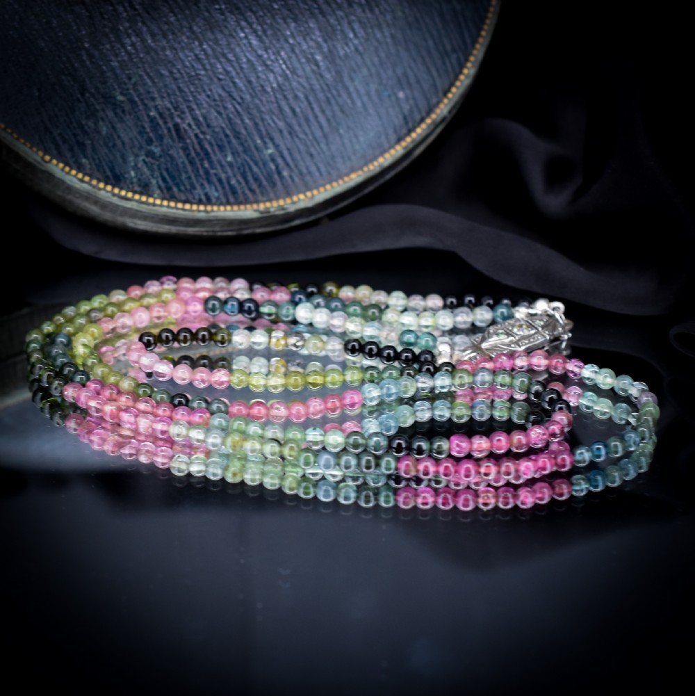 Vintage Tourmaline Gemstone Beaded Necklace with Silver Clasp | Art Deco View VII