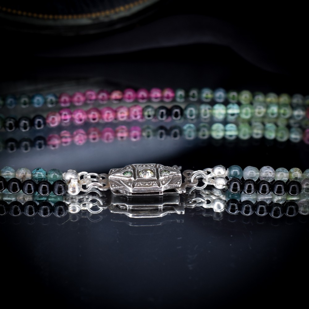 Vintage Tourmaline Gemstone Beaded Necklace with Silver Clasp | Art Deco View VIII