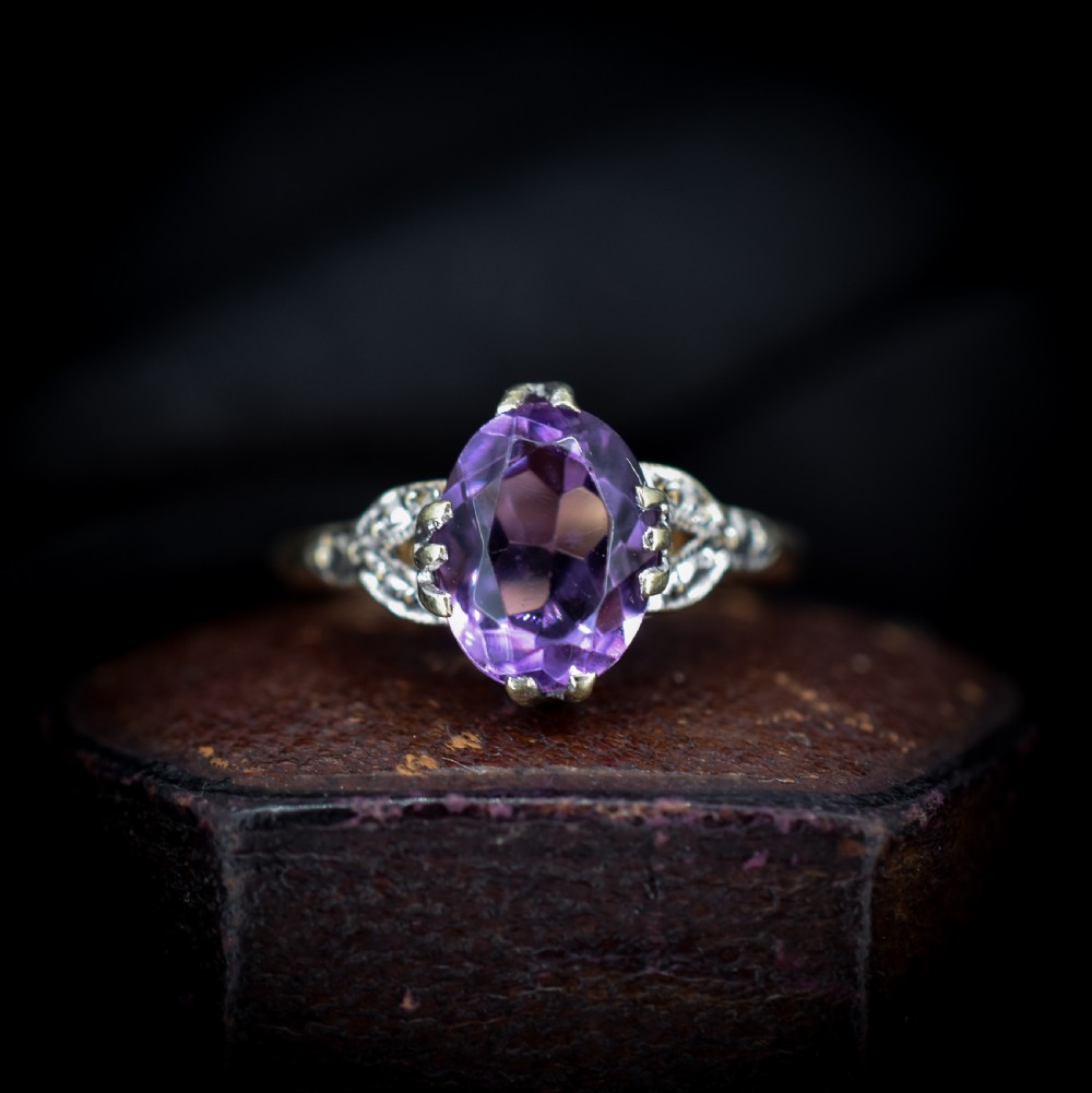 Art Deco Amethyst Oval Solitaire 9ct 9K Yellow Gold Ring