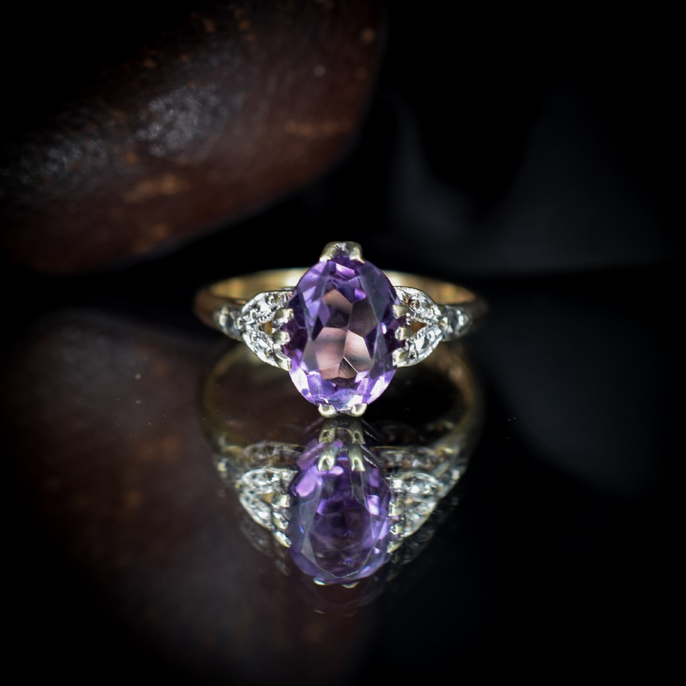 Art Deco Amethyst Oval Solitaire 9ct 9K Yellow Gold Ring View VI