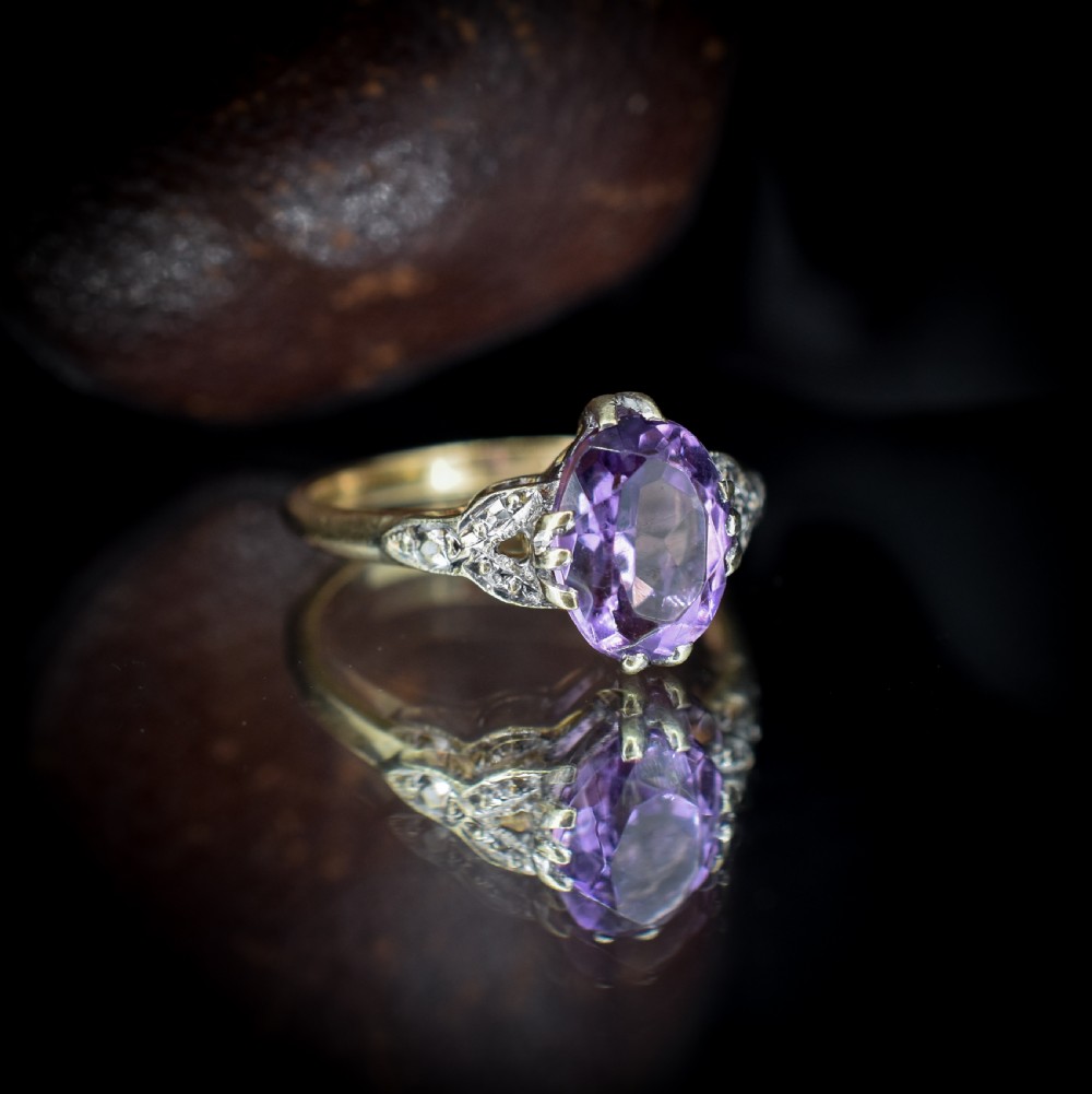 Art Deco Amethyst Oval Solitaire 9ct 9K Yellow Gold Ring View VII