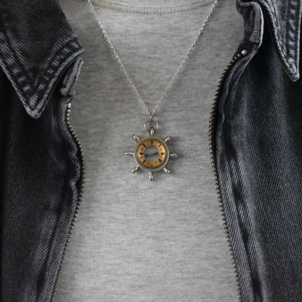 Antique Chester 1910 Sterling Silver Compass Pendant Charm View VI