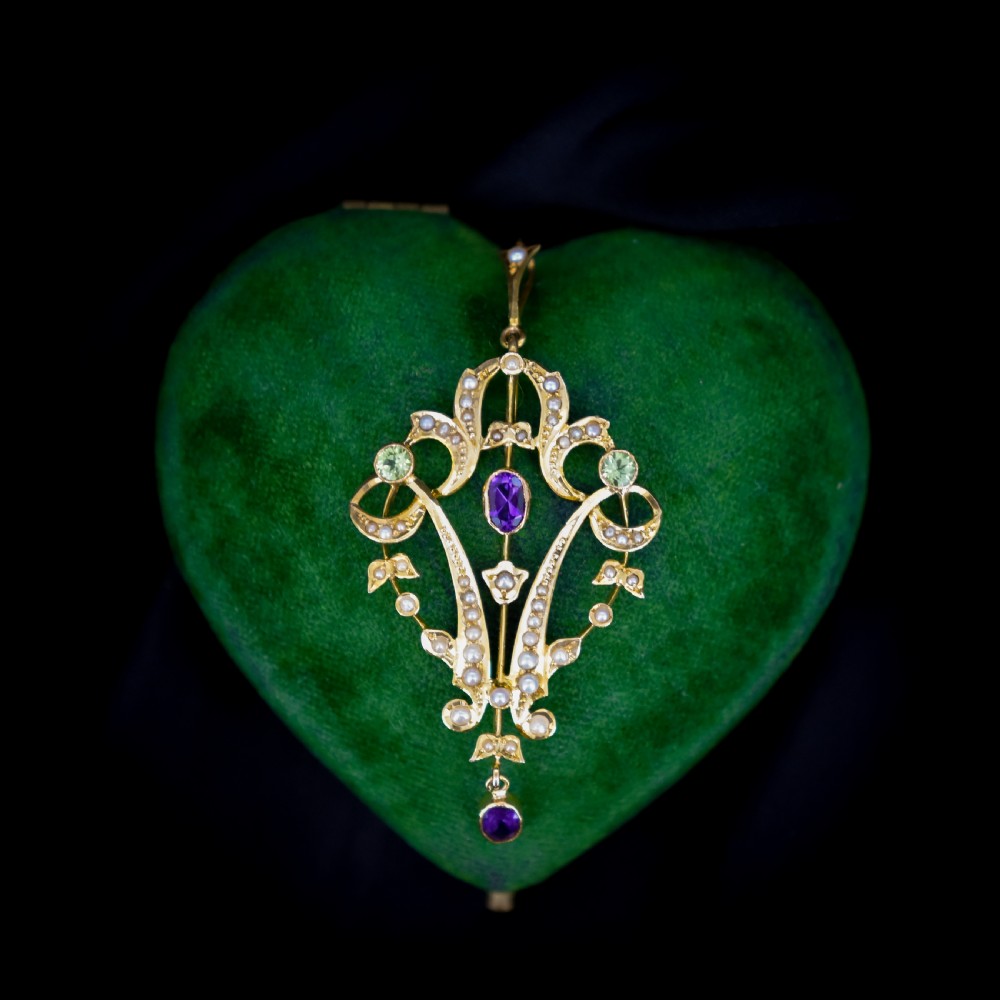 Antique Edwardian Amethyst Peridot and Pearl Lavalier 9ct 9K Yellow Gold Pendant | Suffragette