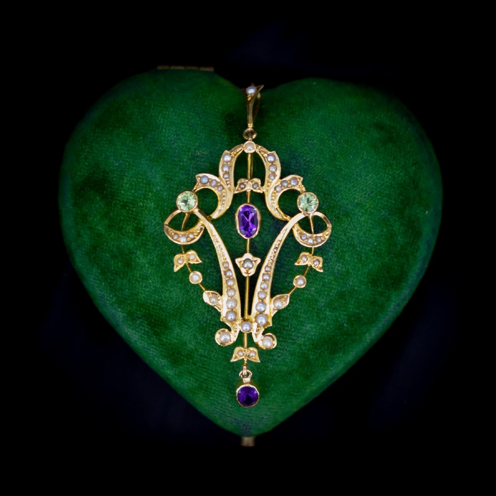 Antique Edwardian Amethyst Peridot and Pearl Lavalier 9ct 9K Yellow Gold Pendant | Suffragette View III