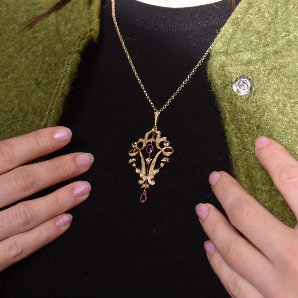 Antique Edwardian Amethyst Peridot and Pearl Lavalier 9ct 9K Yellow Gold Pendant | Suffragette View IV