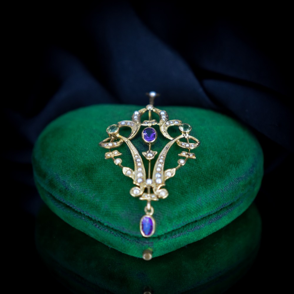 Antique Edwardian Amethyst Peridot and Pearl Lavalier 9ct 9K Yellow Gold Pendant | Suffragette View V