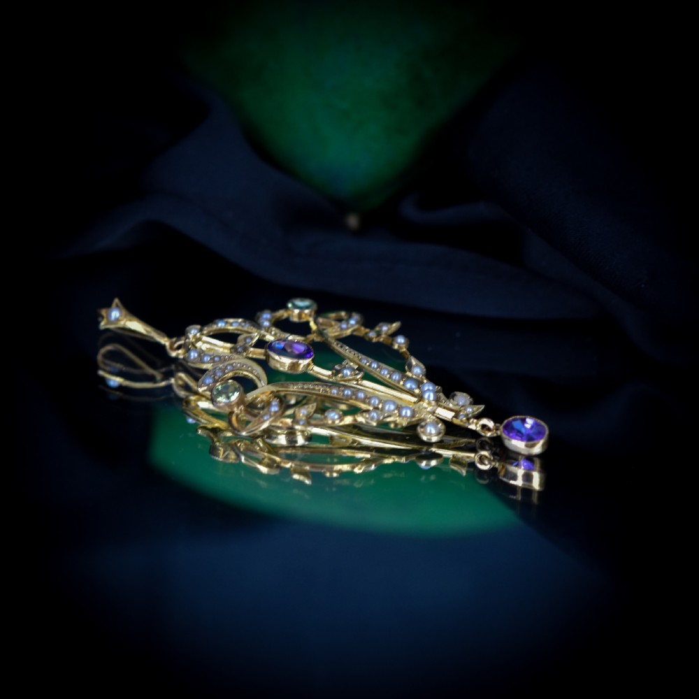 Antique Edwardian Amethyst Peridot and Pearl Lavalier 9ct 9K Yellow Gold Pendant | Suffragette View VII