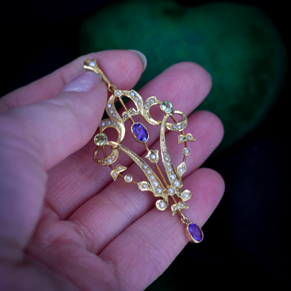 Antique Edwardian Amethyst Peridot and Pearl Lavalier 9ct 9K Yellow Gold Pendant | Suffragette View X